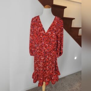 Eliza J Dress Size 16 Red Floral Print 3/4 Sleeve Tiered